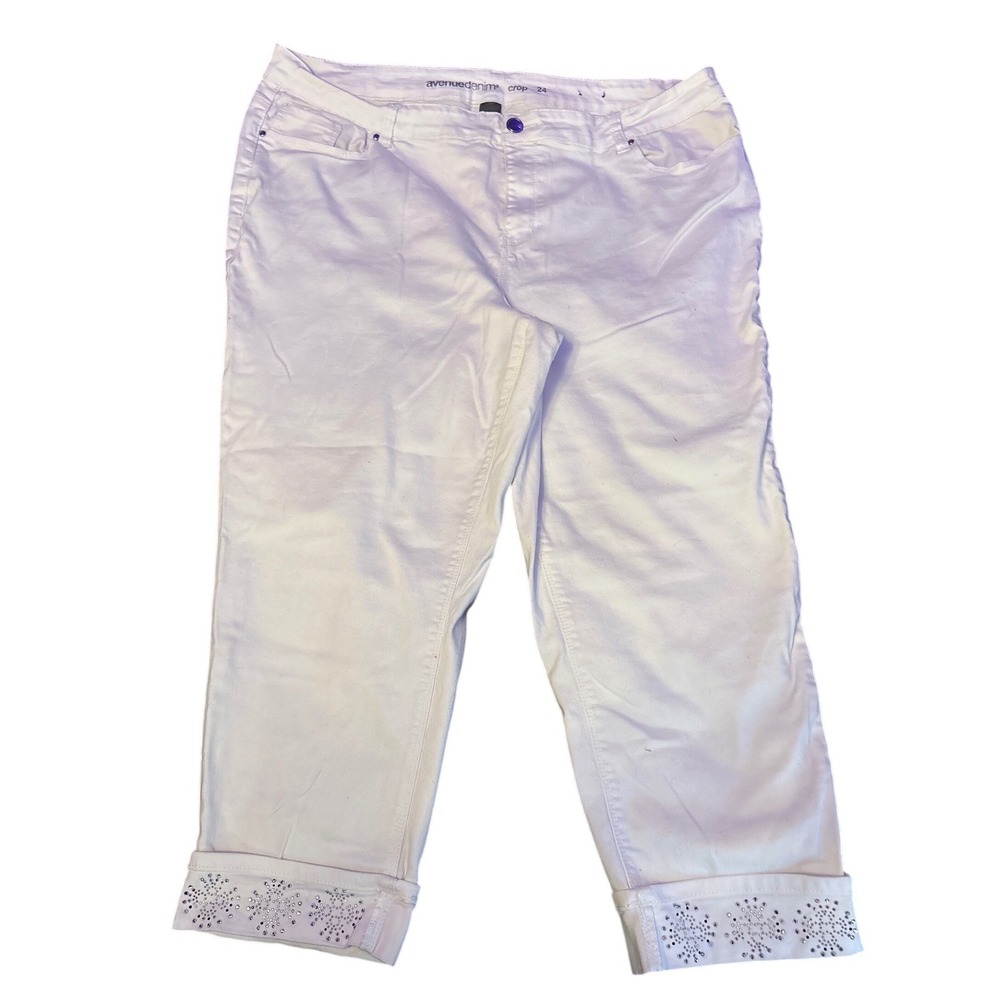 Avenue Denim Womens White Embellished Cropped Capri‎ Jeans, Size 24 Plus